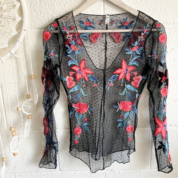 Free People Floral Embroidered Black Sheer Lace Top - Picture 4 of 8
